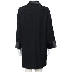 Chanel Black Wool & Satin Trimmed Pocketed Cape Coat L