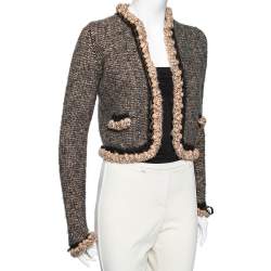 Pre Owned Chanel Brown Wool & Camel Braided Leather Trimmed Open Front Jacket M