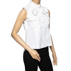 Pre Owned Chanel Off White Grosgrain Cotton Bow Detail Button Front Vest S