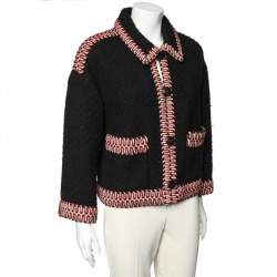 Pre Owned Chanel Boutique Vintage Black Wool Tweed Contrast Trim Button Front Jacket L