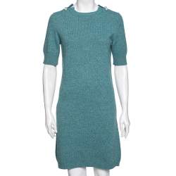 Chanel Turquoise Blue Cashmere Pearl Embellished Short Sleeve Dress M
