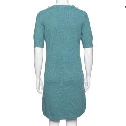 Chanel Turquoise Blue Cashmere Pearl Embellished Short Sleeve Dress M