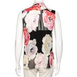 Pre Owned Chanel Multicolor Floral Print Silk Pleated and Button Front Sleeveless Top M