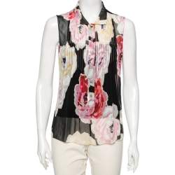 Pre Owned Chanel Multicolor Floral Print Silk Pleated and Button Front Sleeveless Top M
