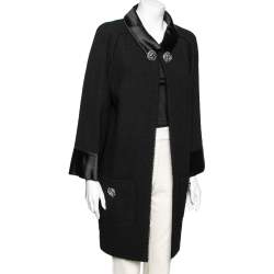 Pre Owned Chanel Black Textured Wool & Satin Trimmed Cape Coat M