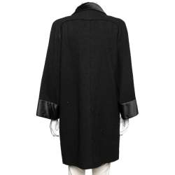 Pre Owned Chanel Black Textured Wool & Satin Trimmed Cape Coat M