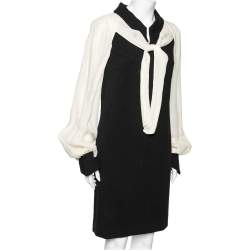مملوكة مسبقًا Chanel Black Cotton & Silk Inset Neck Tie Detailed Dress M  