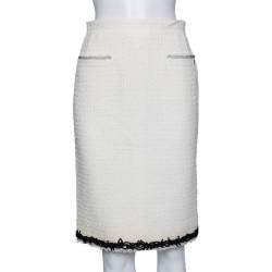 Chanel Ivory Tweed Braided Trim Detailed Pencil Skirt M 