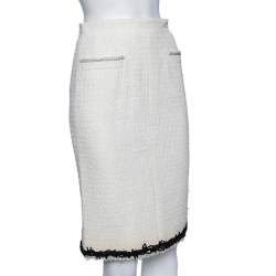 Chanel Ivory Tweed Braided Trim Detailed Pencil Skirt M 