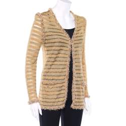 Pre Owned Chanel Gold Lurex Knit Bead Embellished Hook Front Cardigan M
