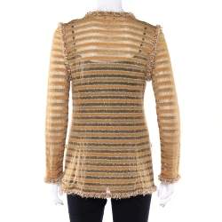 Pre Owned Chanel Gold Lurex Knit Bead Embellished Hook Front Cardigan M