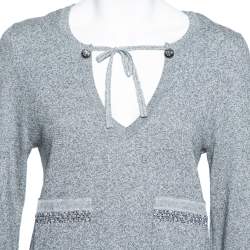 Chanel Grey Knit Embellished Detail V-Neck Dress M 