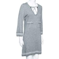 Chanel Grey Knit Embellished Detail V-Neck Dress M 