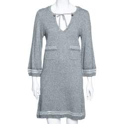 Chanel Grey Knit Embellished Detail V-Neck Dress M 