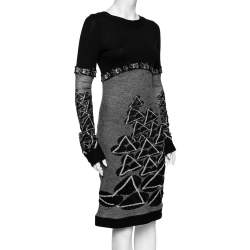 Pre Owned Chanel Monochrome Jacquard Wool Long Sleeve Sheath Dress M