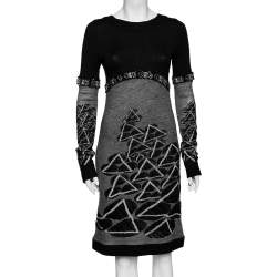 Pre Owned Chanel Monochrome Jacquard Wool Long Sleeve Sheath Dress M