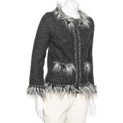 Pre Owned Chanel Grey Alpaca Wool Faux Fur Trimmed Zip Front Jacket M
