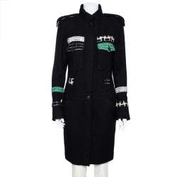 Pre Owned Chanel Black Boucle & Tweed Detailed Belted Coat M
