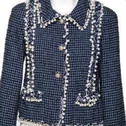 Chanel Blue Tweed Pearl Embellished Button Front Jacket M