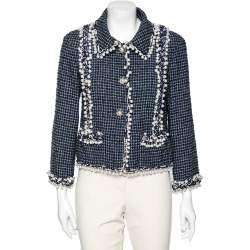 Chanel Blue Tweed Pearl Embellished Button Front Jacket M