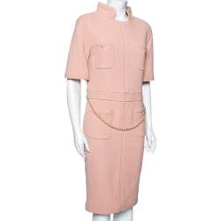 Pre Owned Chanel Peach Textured Wool Pearl Belt Embellished Midi Dress M 