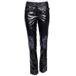 Pre Owned Chanel Black Leather Contrast Tweed Detailed Pants M