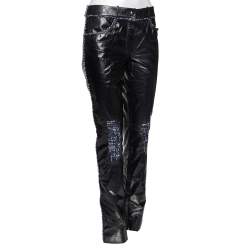 Pre Owned Chanel Black Leather Contrast Tweed Detailed Pants M