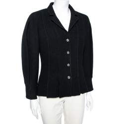 Chanel Black Wool Flared Hem Detailed Button Front Jacket M 
