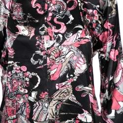 Pre Owned Chanel Black & Pink Printed Satin Silk Button Front Shirt M