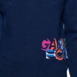 Chanel Navy Blue Logo Intarsia Knit V-Neck Sweater M