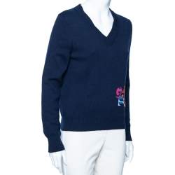 Chanel Navy Blue Logo Intarsia Knit V-Neck Sweater M