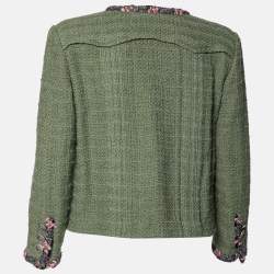 Pre Owned Chanel Khaki Green Tweed Contrast Trimmed Jacket L