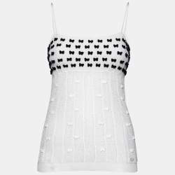 Chanel White Perforated Knit Bow Appliqued Sleeveless Top L