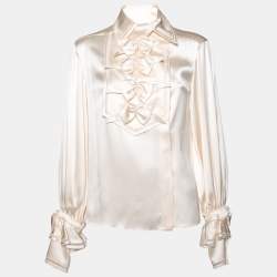 مملوكة مسبقًا Chanel Ivory Satin Silk Bow Applique Detailed Button Front Blouse S