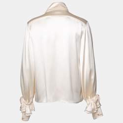 مملوكة مسبقًا Chanel Ivory Satin Silk Bow Applique Detailed Button Front Blouse S
