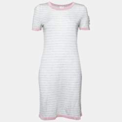 Chanel Pale Blue Striped Cashmere Knit Logo Embroidered Dress L