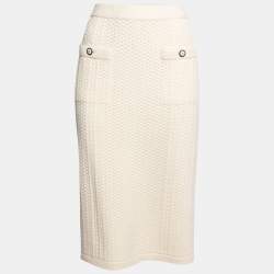 Chanel Cream Patterned Cashmere Pocket Detailed Skirt L