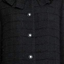 Chanel Black Tweed Pleat Trimmed Button Front Coat L