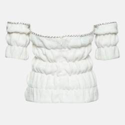 Chanel White Cotton Knit Ruched Off-Shoulder Top M