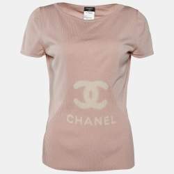 Pre Owned Chanel Pink CC Print Cotton & Silk Knit Top M