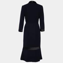 Pre Owned فستان شانيل حافة حرير وصوف أزرق كحلي رباط أمامي مقاس صغير (سمول)