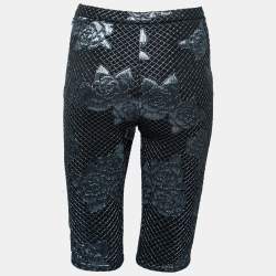 Pre Owned Chanel Navy Blue Stretch Jersey Camellia Embroidered Shorts L