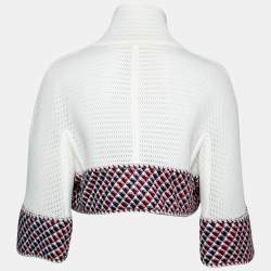 Pre Owned Chanel Cream Perforated Mesh Sequined Tweed Trim Chunky Cropped Jacket L