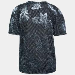 Chanel Navy Blue Stretch Jersey Camellia Embroidered Blouse L