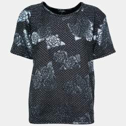 Chanel Navy Blue Stretch Jersey Camellia Embroidered Blouse L