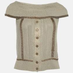 Pre Owned Chanel Ecru Metallic Print Knit Chain Detail Off-Shoulder Top S