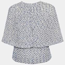 مملوكة مسبقًا Chanel Blue & Ivory Silk Cotton Knit Cape Detail V-Neck Top M