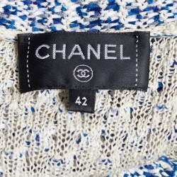 مملوكة مسبقًا Chanel Blue & Ivory Silk Cotton Knit Cape Detail V-Neck Top M