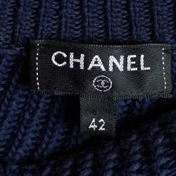 Chanel Navy Blue Cotton Rib Knit Button Detail Peplum Sweater L