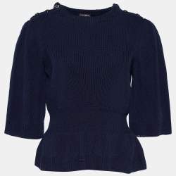 Chanel Navy Blue Cotton Rib Knit Button Detail Peplum Sweater L